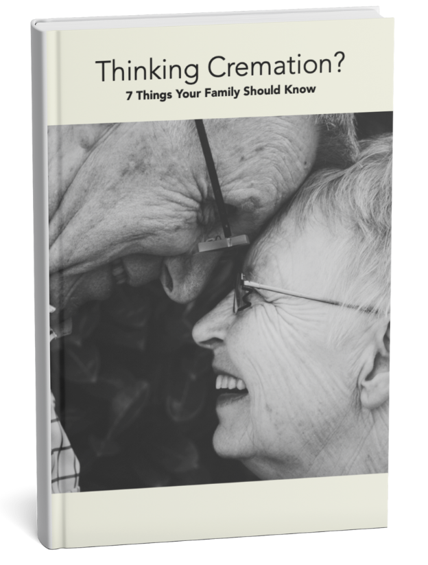 Book cover titled “Thinking Cremation?” showing an elderly couple smiling close together in black and white.