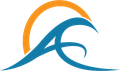 a blue and orange wave with a sun in the background