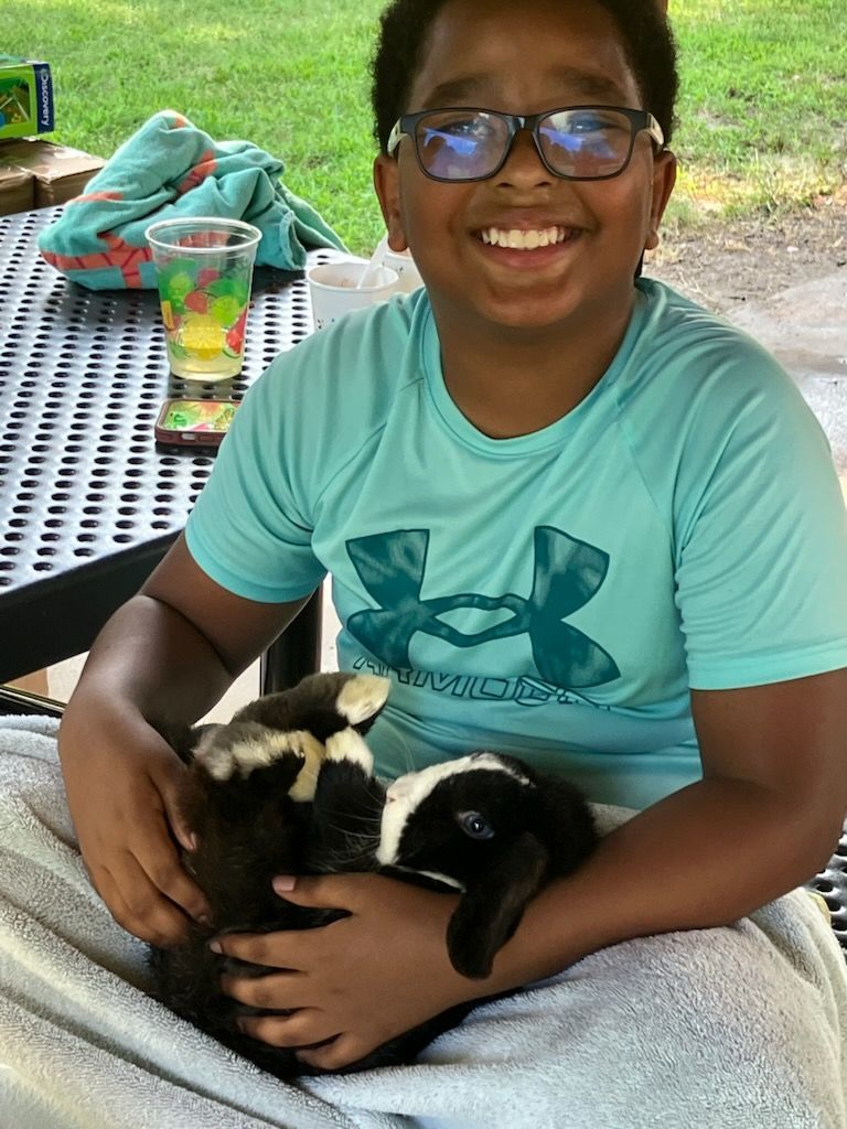 A smiling person wearing glasses and a blue shirt holds a small black rabbit on their lap at an outdoor table.