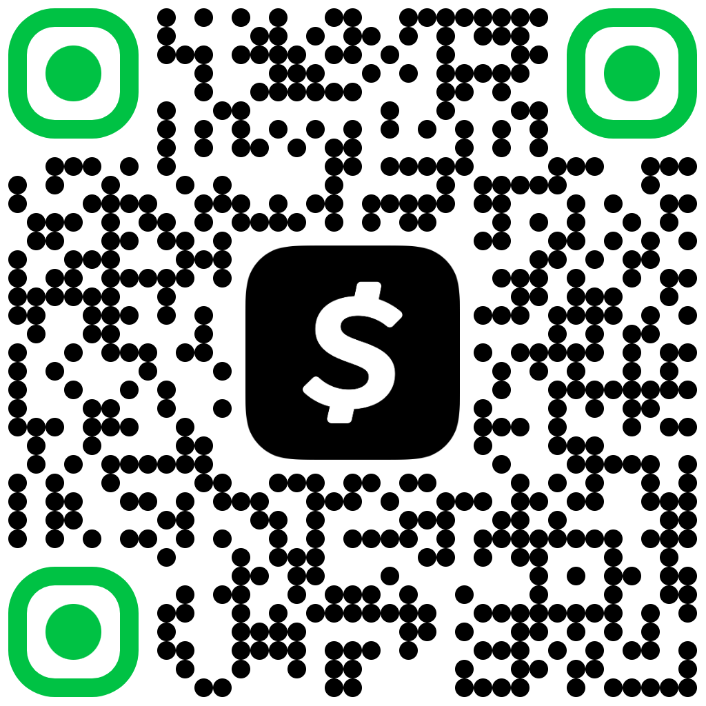 Cash App QR code with a green icon featuring a white dollar sign in the center, set against a black-and-white grid pattern.