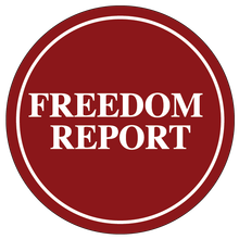 A red circle with the words freedom report on it