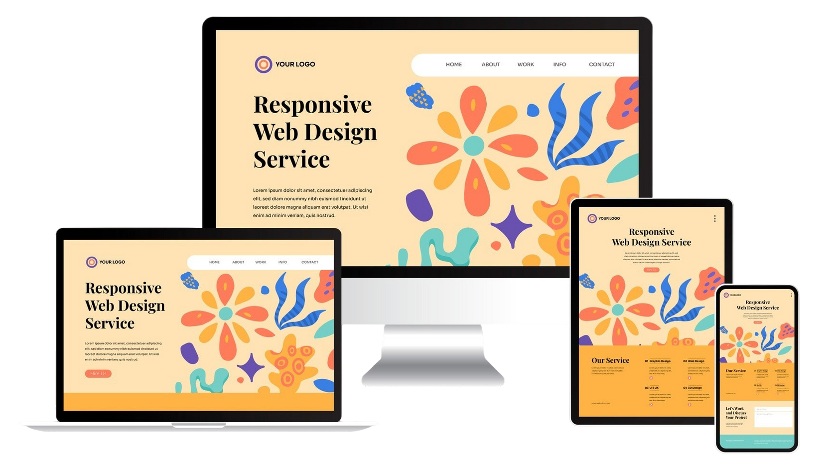 A computer , tablet , and phone are displaying a responsive web design service.
