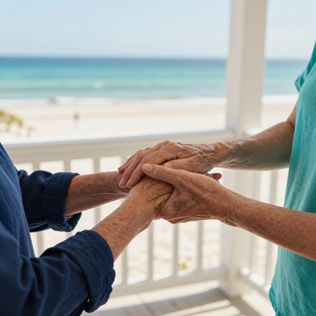 An adult gently holding an older person's hands in a South Florida coastal setting