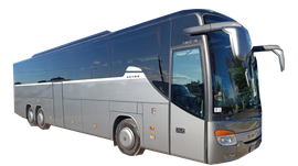 Autobus turistico argento e blu scuro su sfondo bianco, vista frontale angolata.