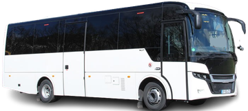 Autobus bianco su sfondo neutro, vista laterale con finestrini oscurati e dettagli neri sul tetto.