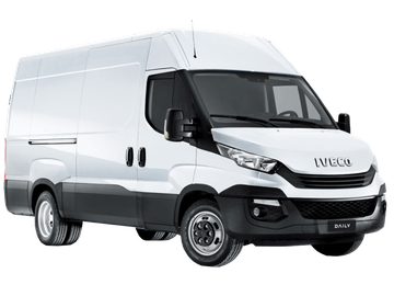 Furgone Iveco bianco su sfondo neutro, visto frontalmente da sinistra.