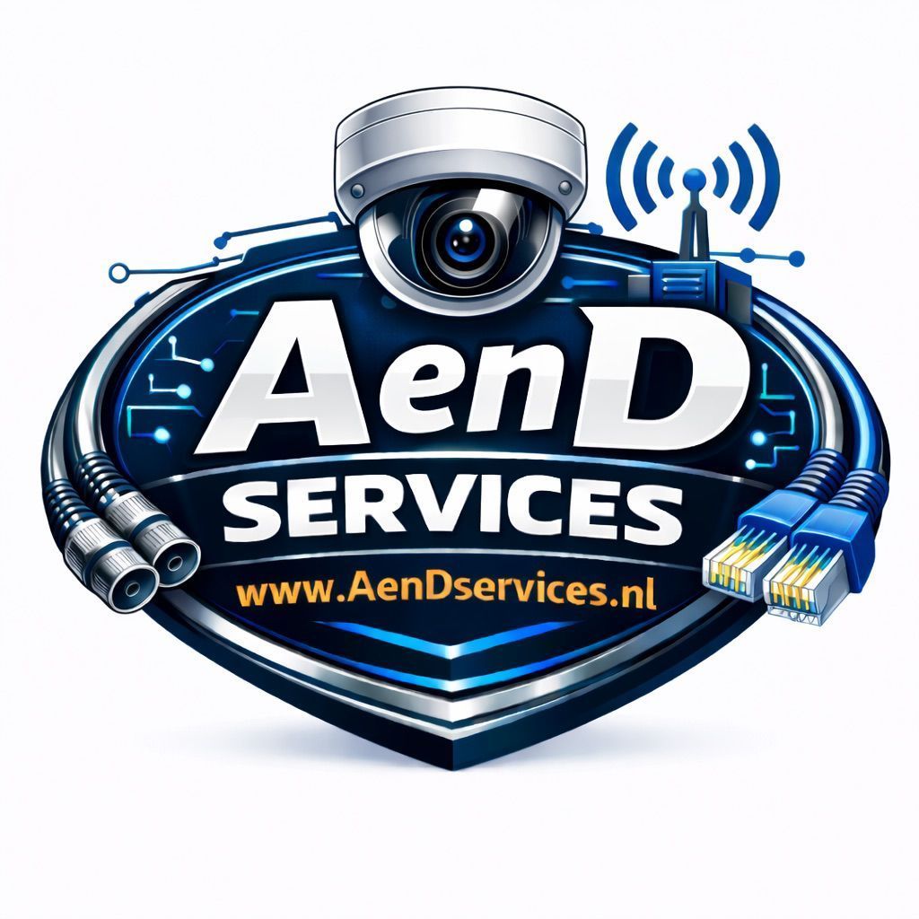 Logo voor AenD Services: beveiligingscamera, netwerkkabels, wifi-signaal en bedrijfsnaam op een blauw-zilveren badge.