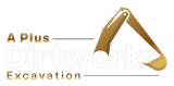 Logo for A Plus Dirtworks Excavation featuring tan, stylized excavator arm graphic and company name in white and tan text.