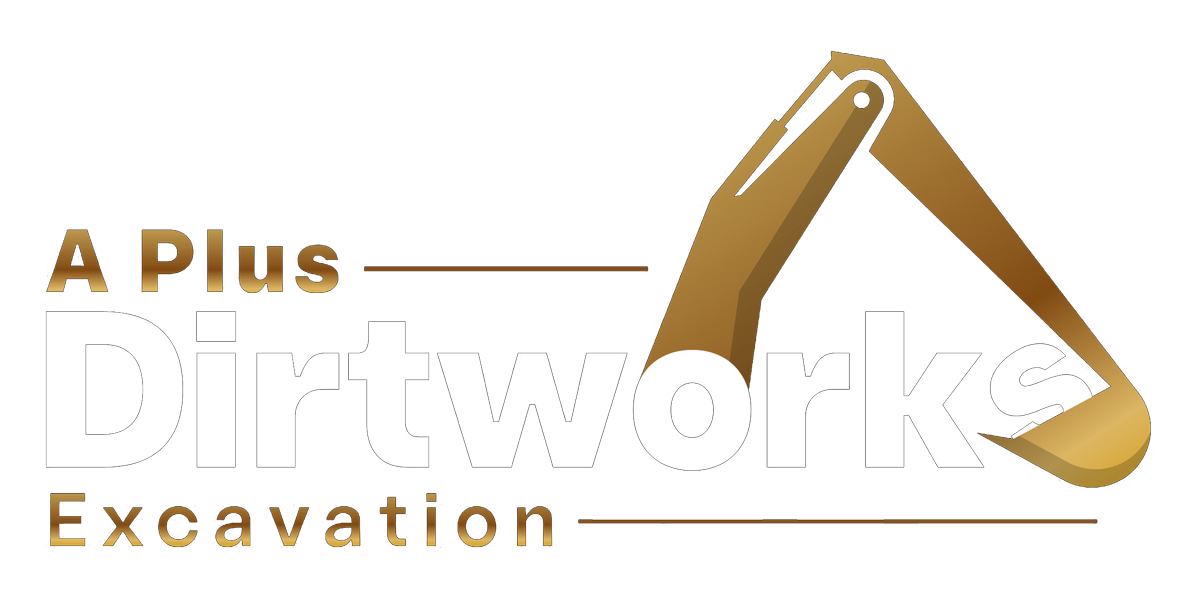 Logo for A Plus Dirtworks Excavation featuring tan, stylized excavator arm graphic and company name in white and tan text.