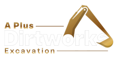 Logo for A Plus Dirtworks Excavation featuring tan, stylized excavator arm graphic and company name in white and tan text.