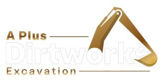 Logo for A Plus Dirtworks Excavation featuring tan, stylized excavator arm graphic and company name in white and tan text.