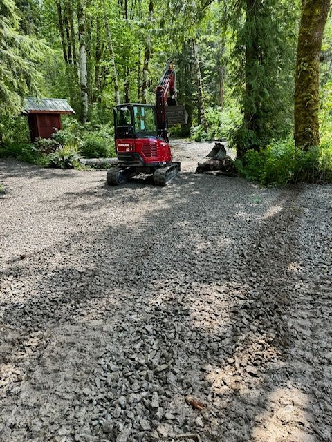A red mini-excavator sits on a gravel path in a wooded area near a small wooden structure.