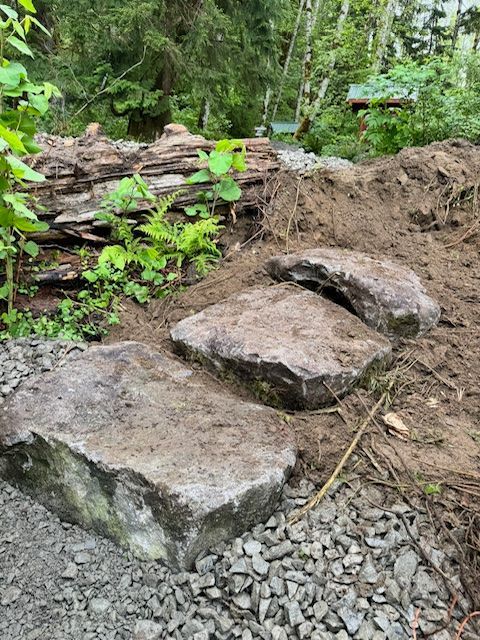 A large pile of dirt is surrounded by trees