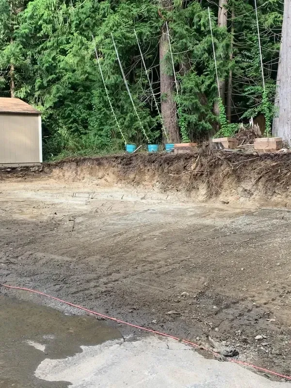 An excavated dirt lot next to a shed, with a line of small blue planters at the base of a forested embankment.
