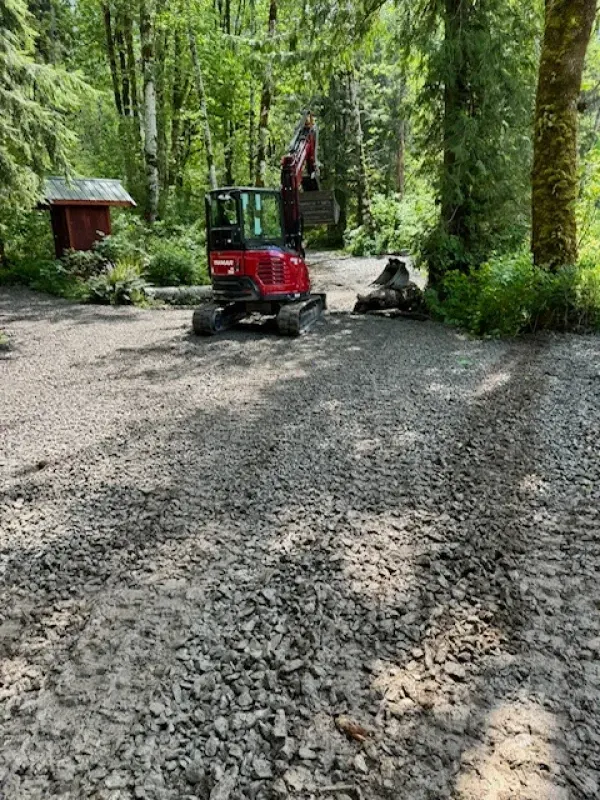 A red mini-excavator sits on a gravel path in a forest near a small wooden structure.