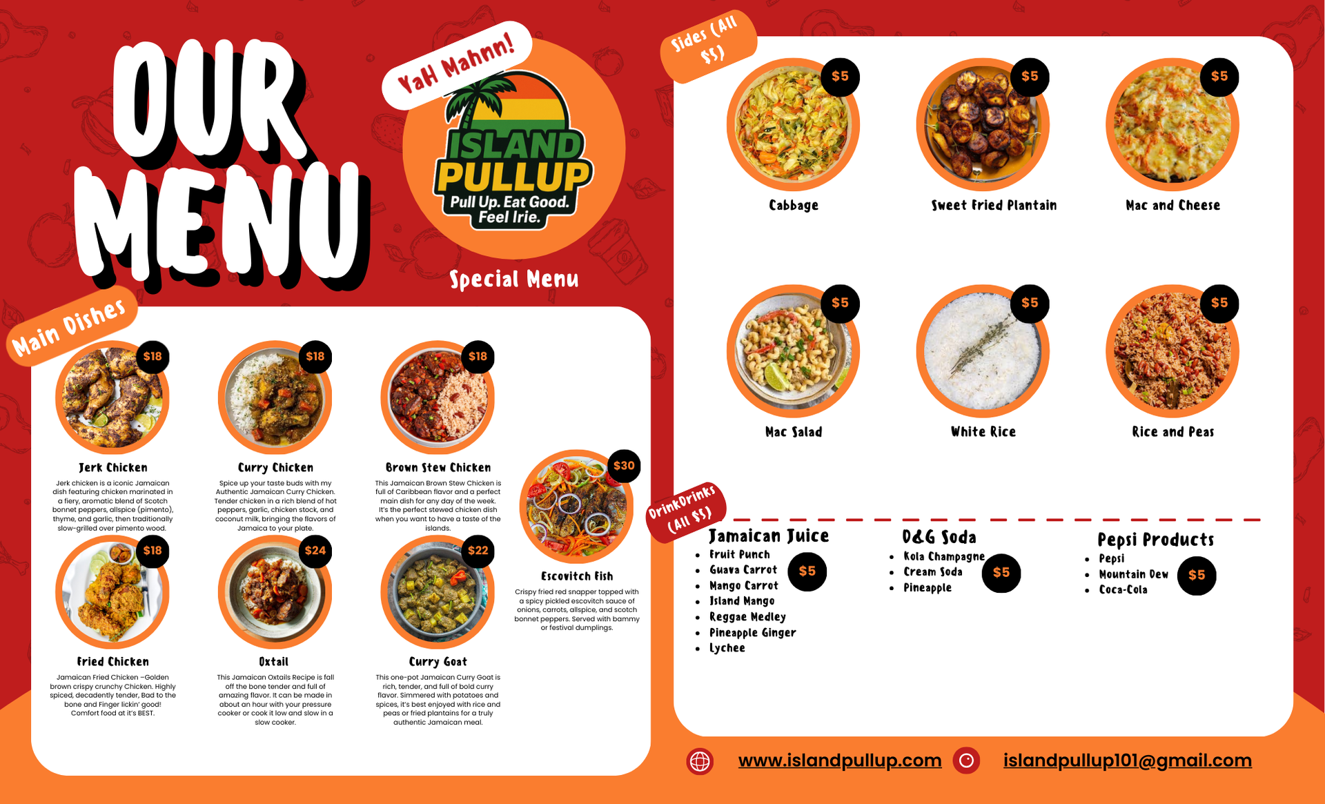 A menu for Island Pullup featuring Caribbean dishes, sides, and drinks with pricing on a red and white background.