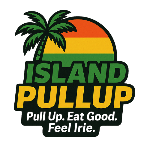 Logo for Island Pullup featuring a palm tree, a sunset in Rasta colors (red, gold, green), and the text 