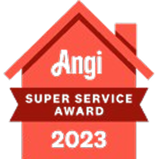 A red house with the words `` angi super service award '' written on it.