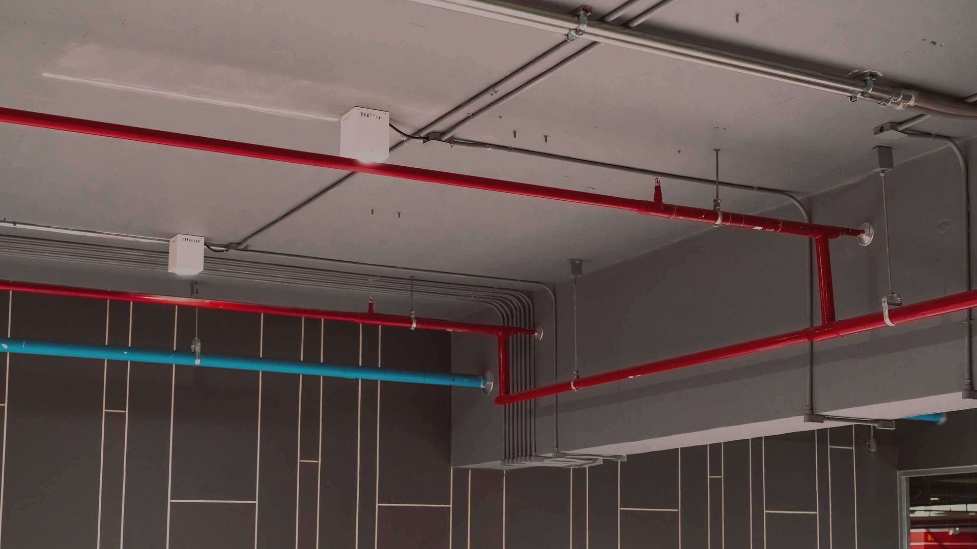 Ceiling with red and blue exposed pipes and electrical conduits in an unfinished interior space