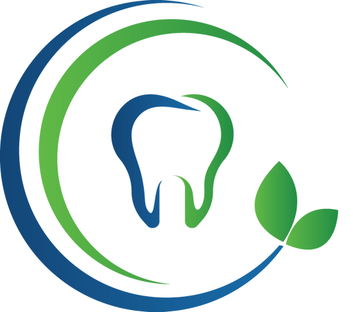 A dental logo featuring a stylized white tooth split into blue and green halves, framed by arcs and two green leaves.