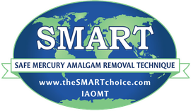 Logo for SMART (Safe Mercury Amalgam Removal Technique) by the IAOMT, featuring the word SMART over a blue and green map.