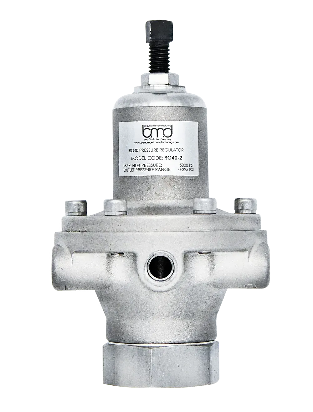 Metal industrial valve with a top-mounted black adjustment knob on a white background