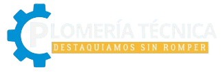 Logo of Plomeria Técnica: a blue gear, and text on a yellow box, 
