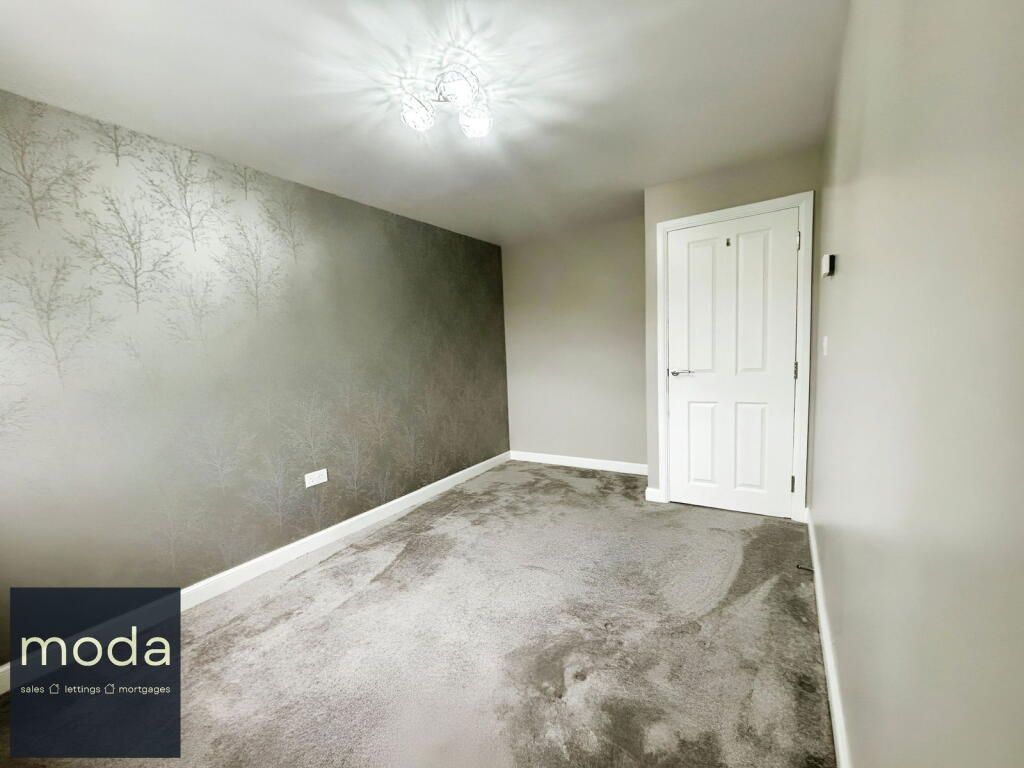 Empty room with gray walls and carpet, white door, and decorative wallpaper.