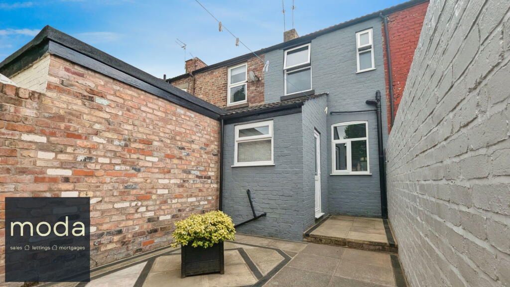 Backyard with brick and painted walls, a small garden, and various windows.