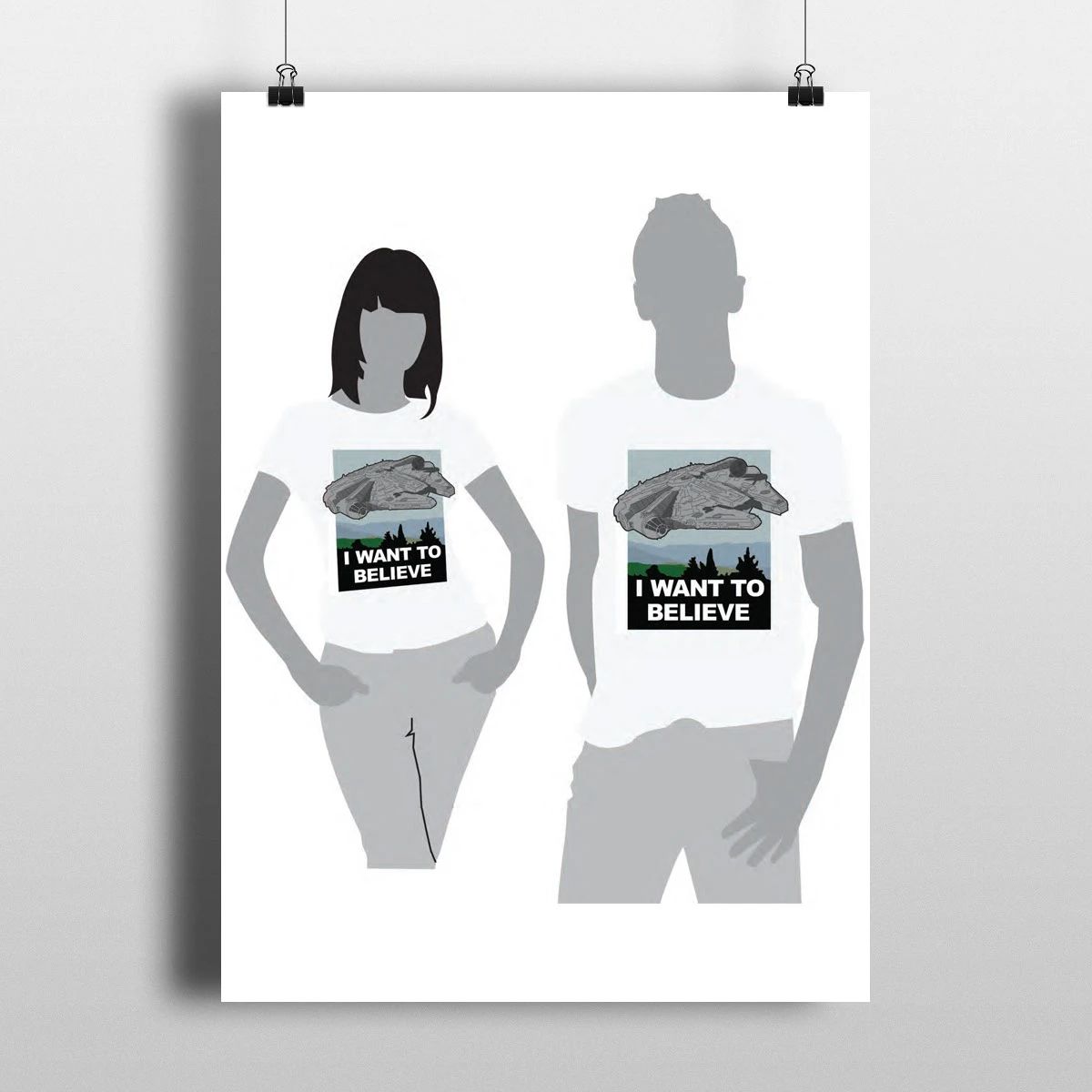 Two T-shirt mockups on a white sheet, each with a graphic and “I WANT TO BELIEVE” text.