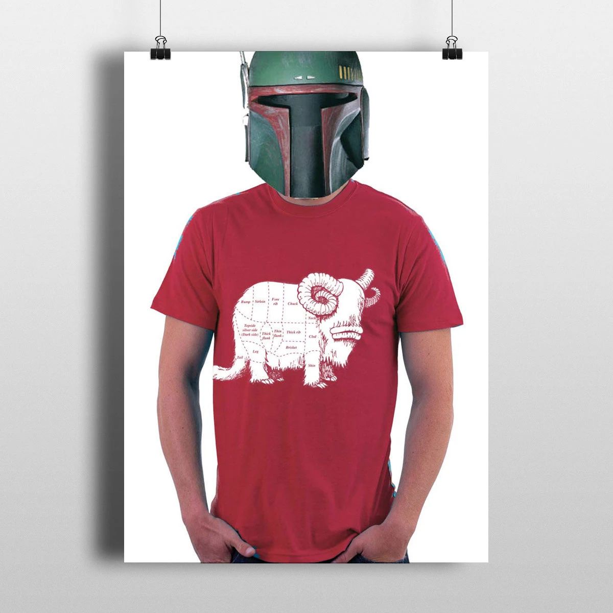 Person in a red T-shirt with a white elephant graphic, wearing a Boba Fett helmet, against a white background