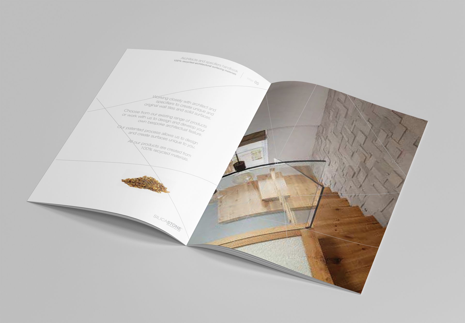 Open book showing a text page and a living room photo