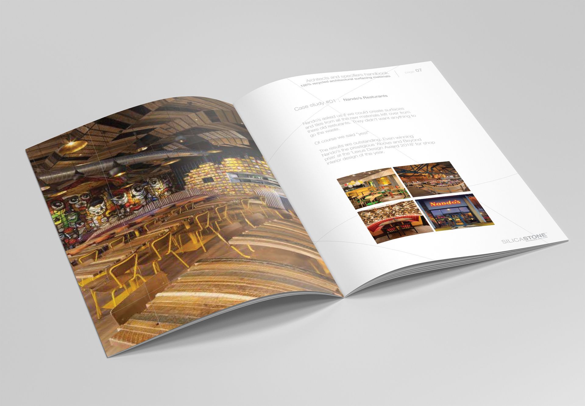 Open magazine spread with warm-toned city photos on the left and a white page with small images on the right