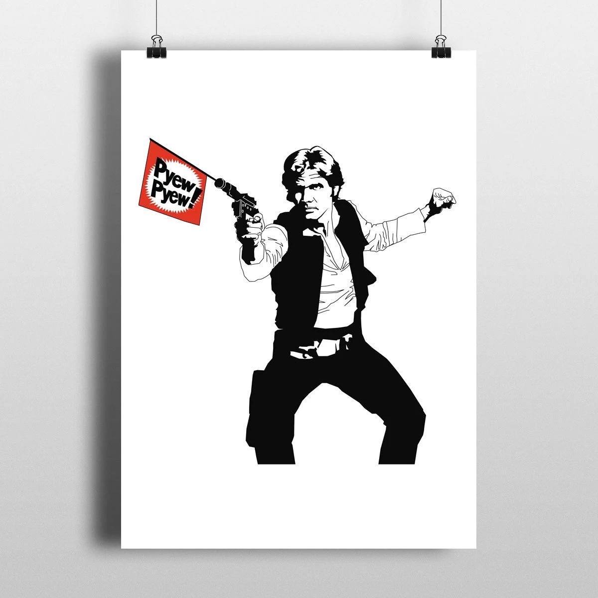 Black-and-white stencil of a person holding a red sign against a white poster background