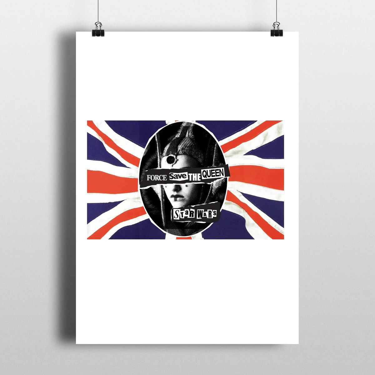 Portrait poster with a Union Jack and a black-helmeted face in the center