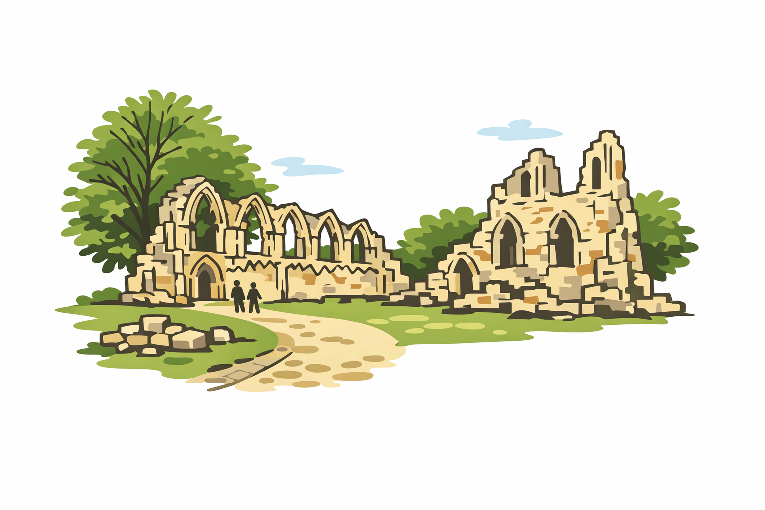 Pixel art ruins with a large tree and overgrown stone walls under a blue sky.