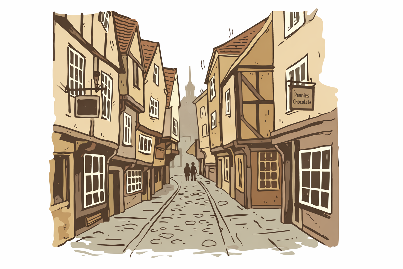 Narrow cobblestone street lined with tan buildings and shopfronts in a quaint old town.