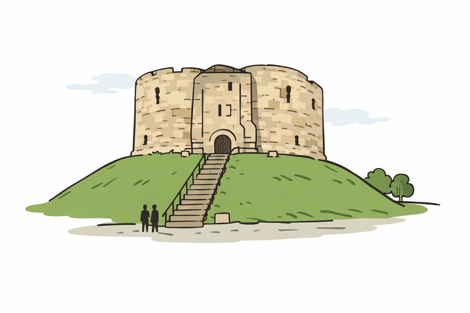 Stone castle on a grassy hill with steps leading to an arched entrance and two small figures below