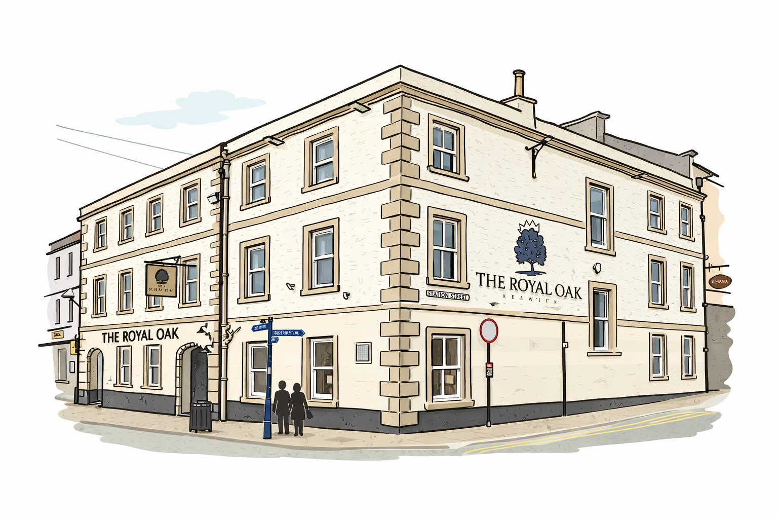 Exterior of a beige corner pub with black signage and outdoor seating on a city street