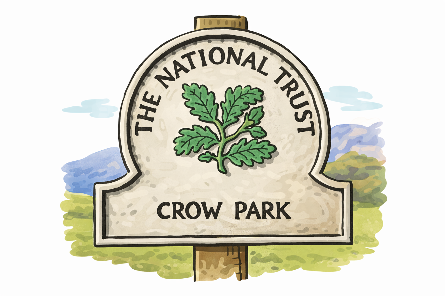 The National Trust sign for Crow Park with a green oak leaf emblem against a countryside background