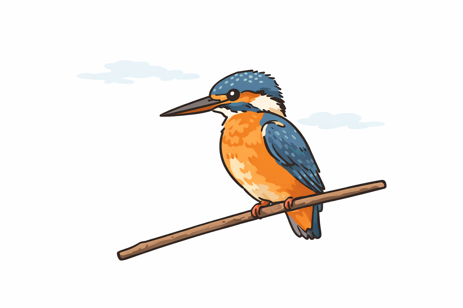 Blue and orange kingfisher perched on a branch against a white background