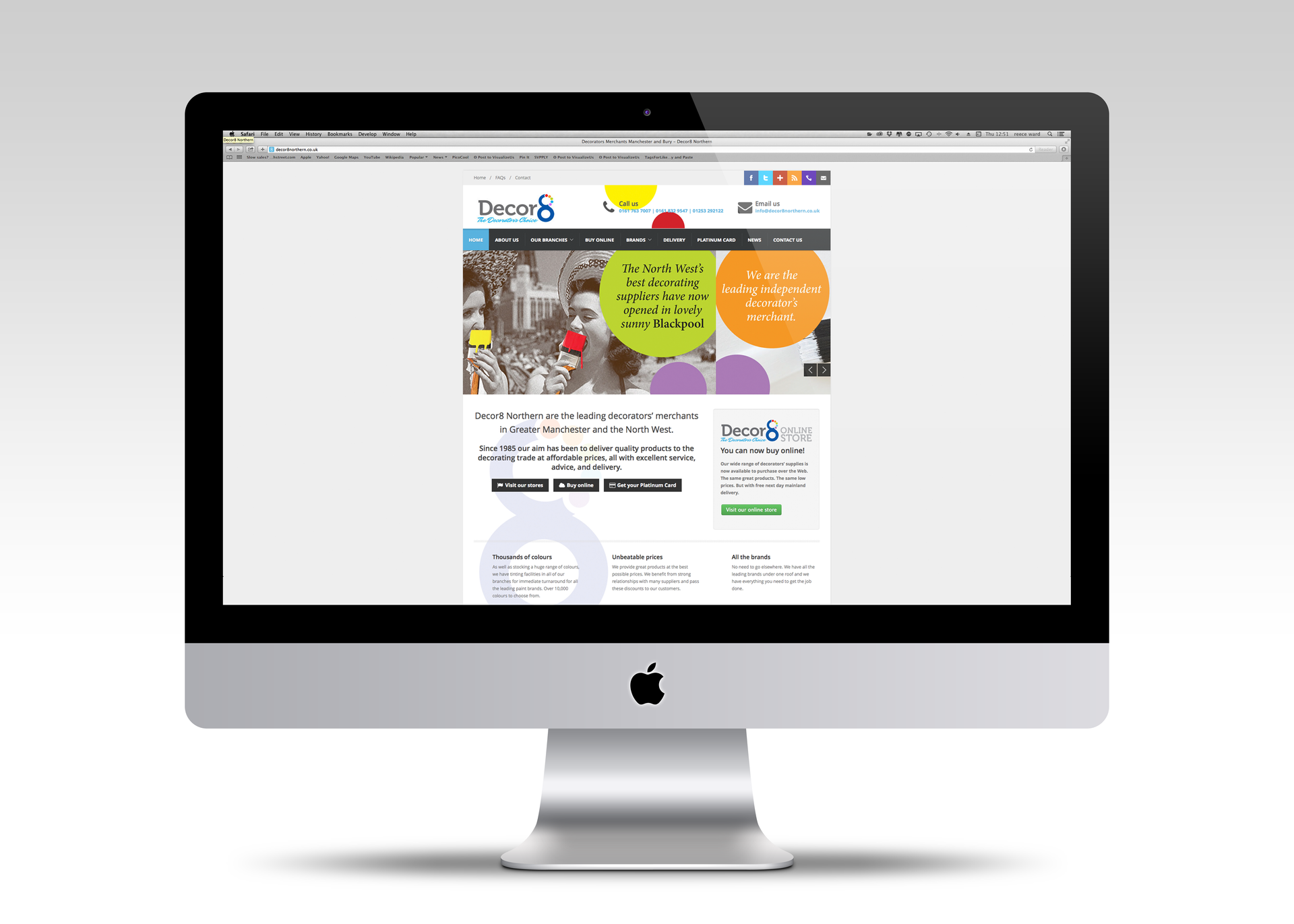 IMac displaying a colorful website homepage with large speech bubbles on the screen