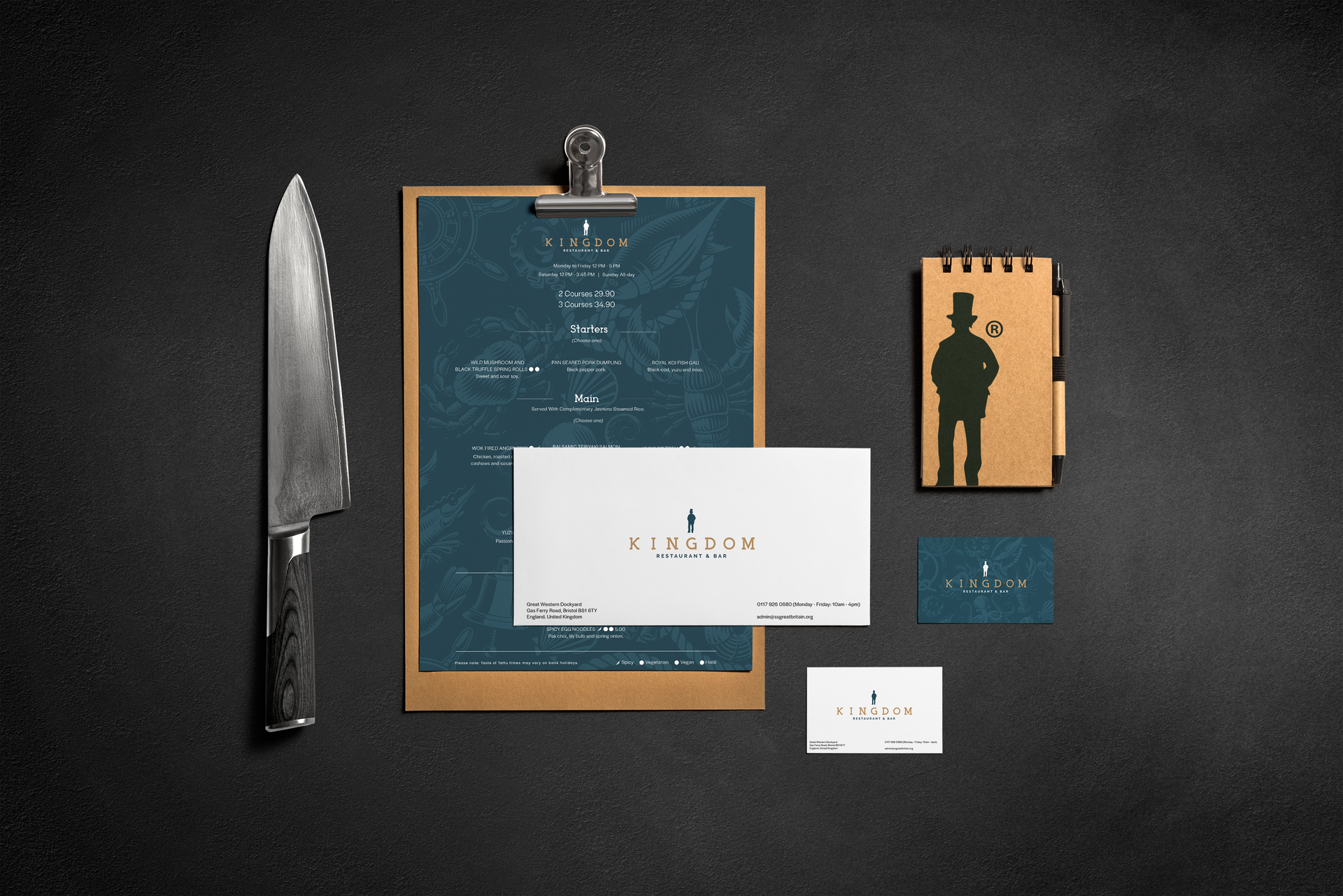 Knife beside a blue clipboard with cards and a ticket on a dark background
