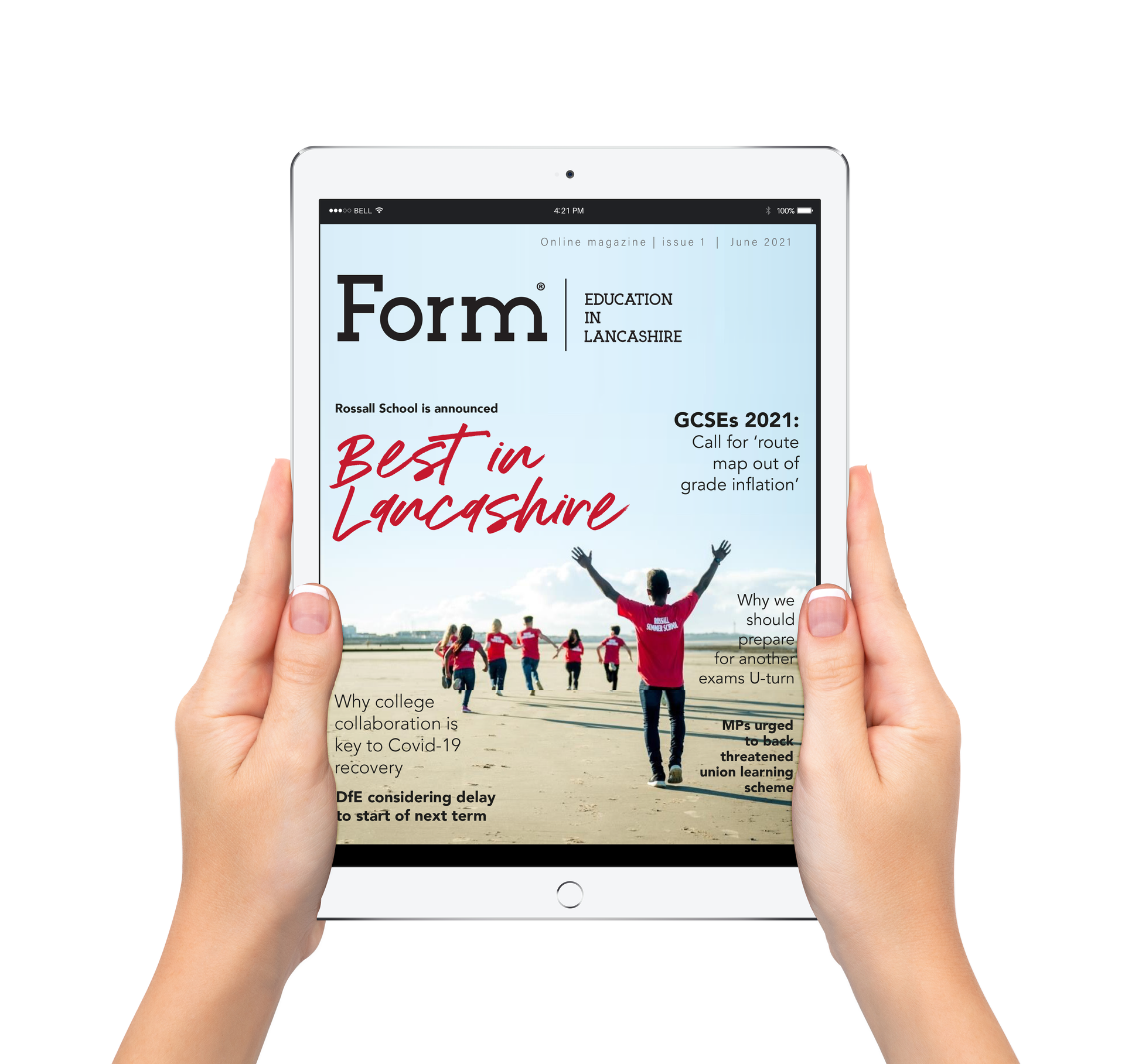 Hands holding a tablet showing a beach magazine cover with a runner and red handwritten text.
