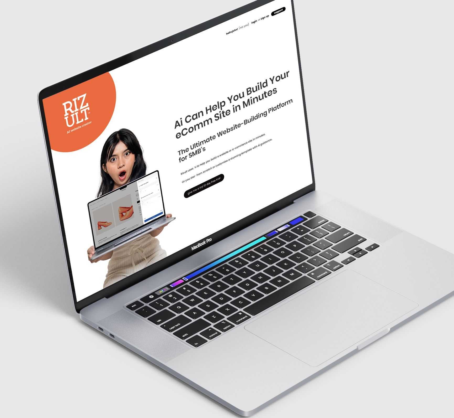 Silver laptop displaying a website with a woman holding a laptop on a white background