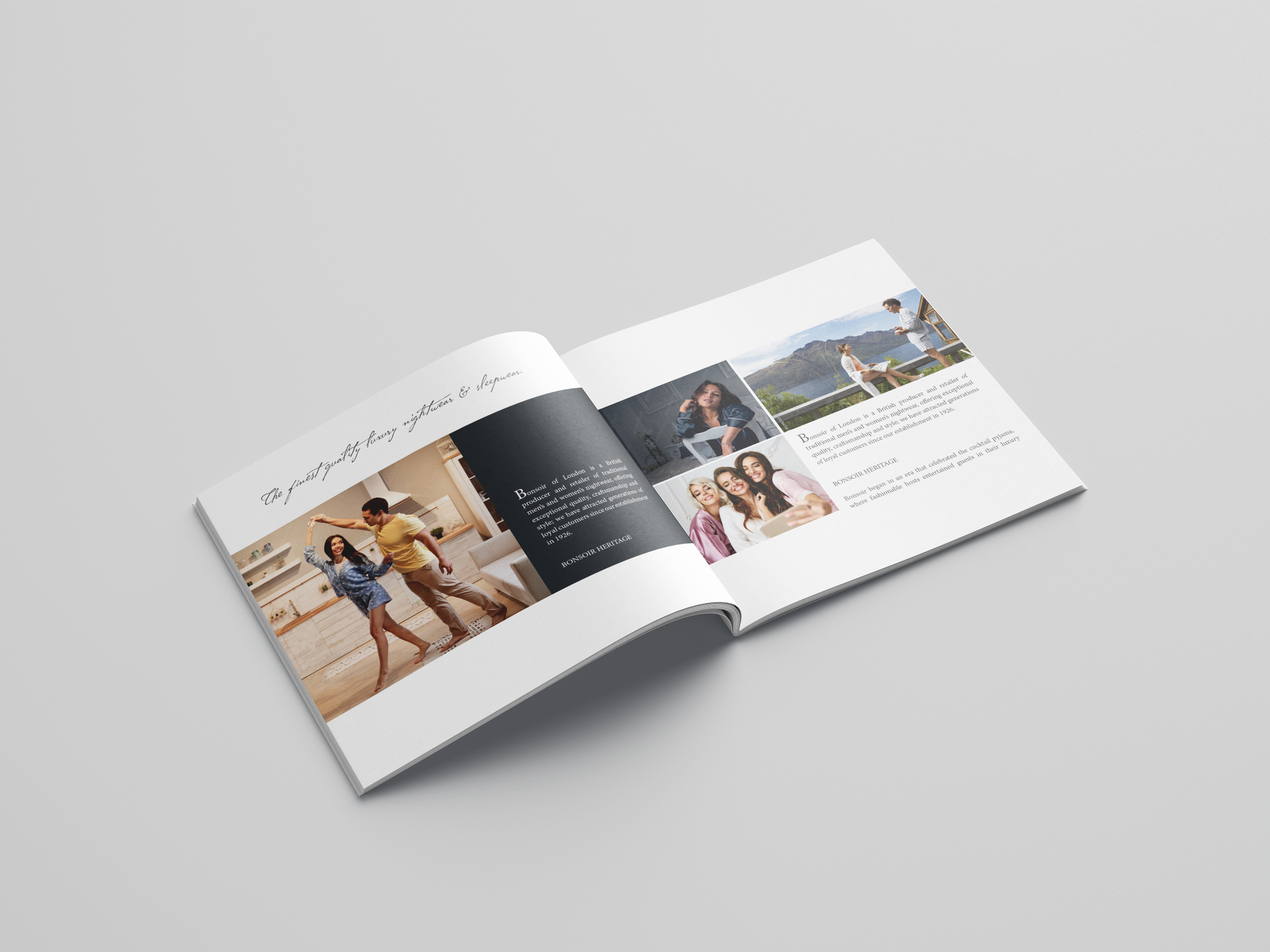 Open magazine showing travel and leisure photos with text on a white background