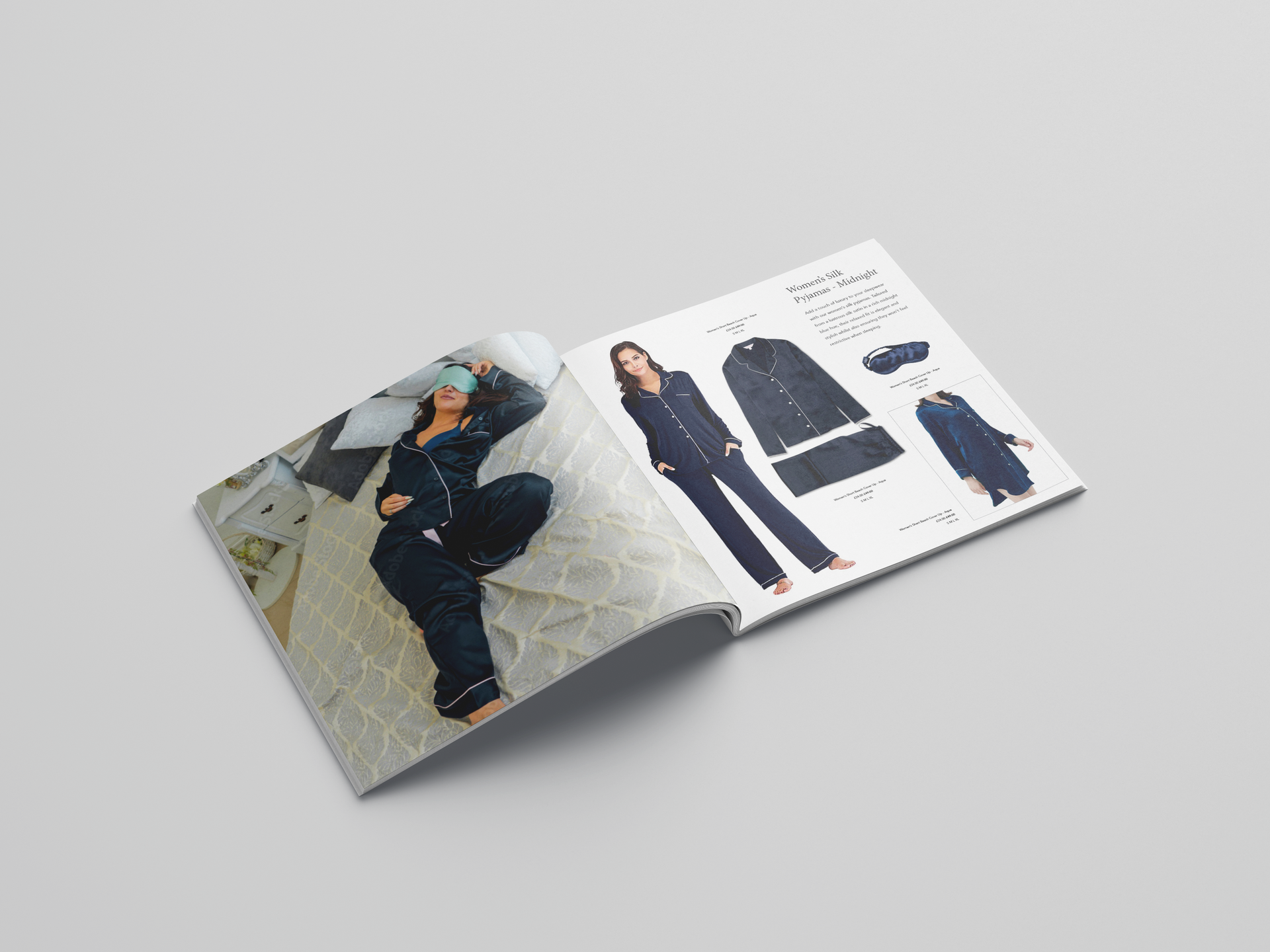 Open fashion catalog spread with a model in black clothing and product images on the right