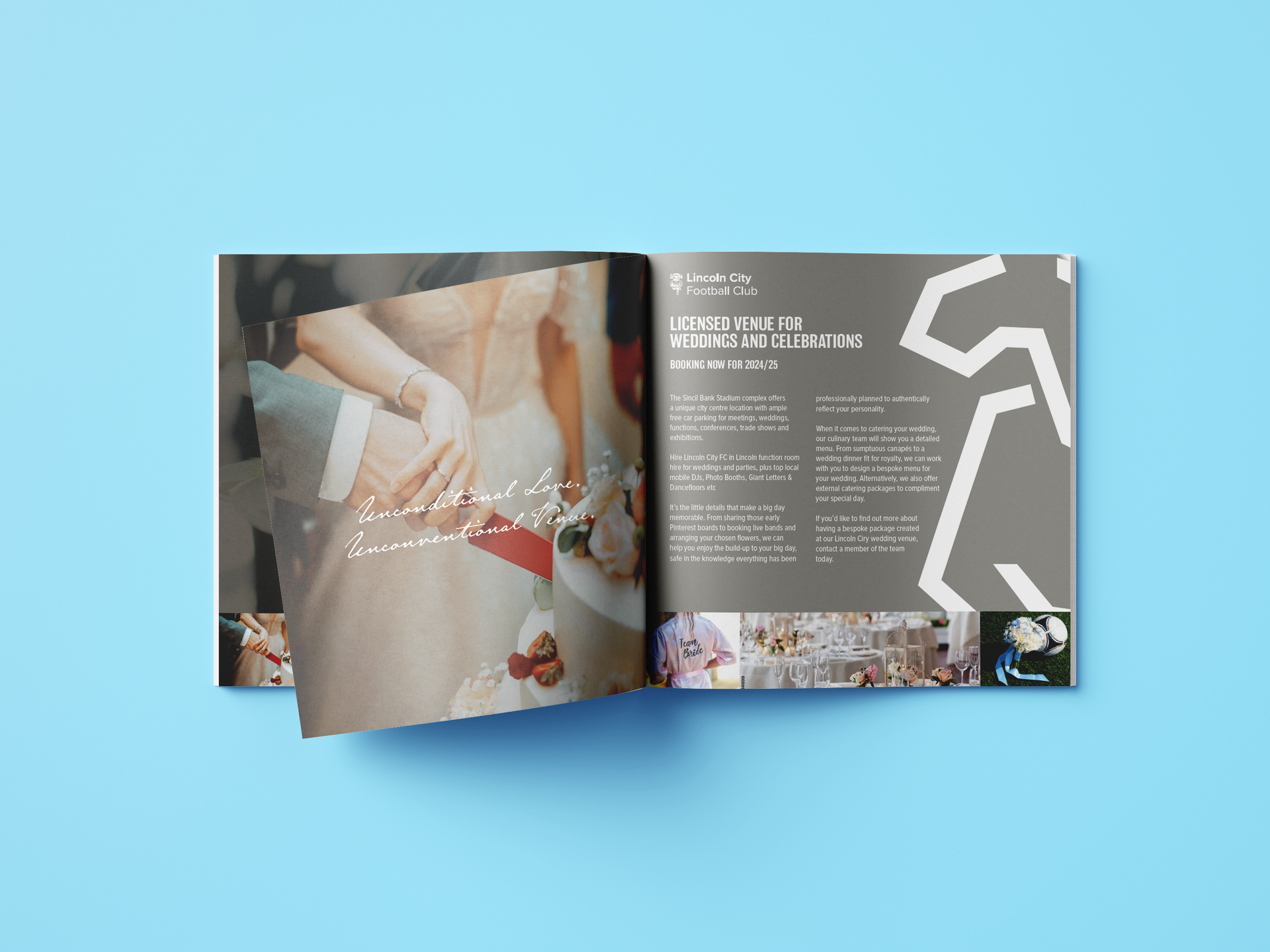 Open magazine spread with a fashion photo on the left and gray text pages on the right, on a blue background