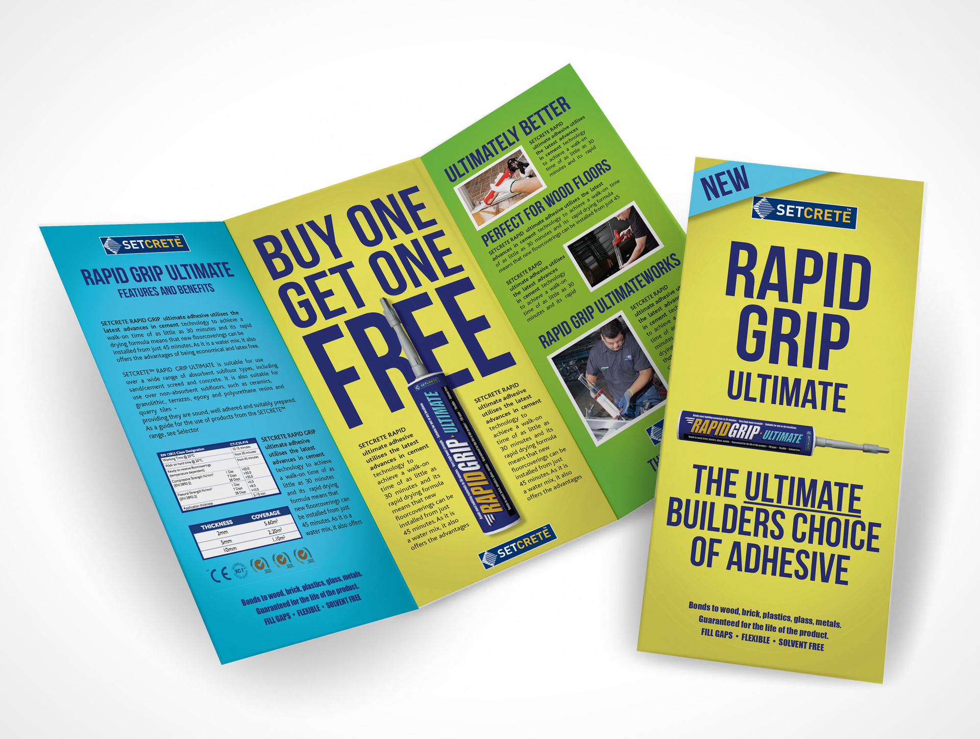 Three colorful flyers with bold text advertising buy-one-get-one-free and Rapid Grip Ultimate adhesive.