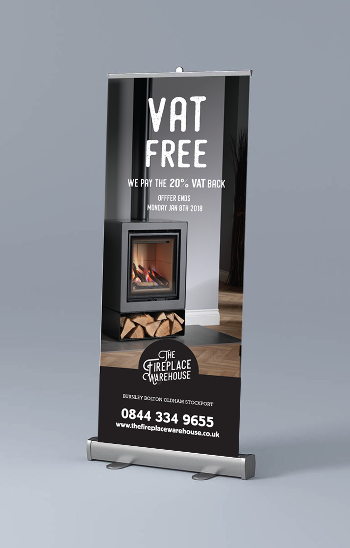 Black VAT-free fireplace showroom banner with a modern stove and contact number